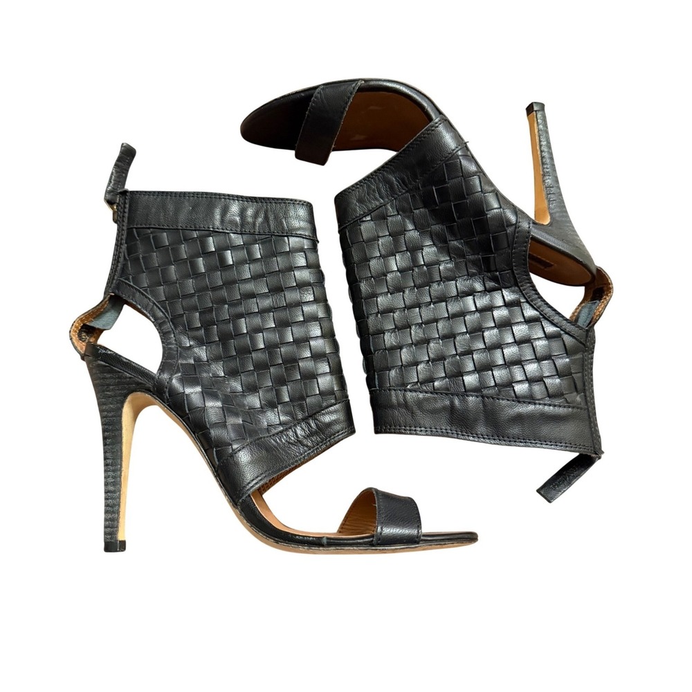 Modern Vintage Black Leather Weave Heels Open Toe Stiletto Whimsigoth Boho 10